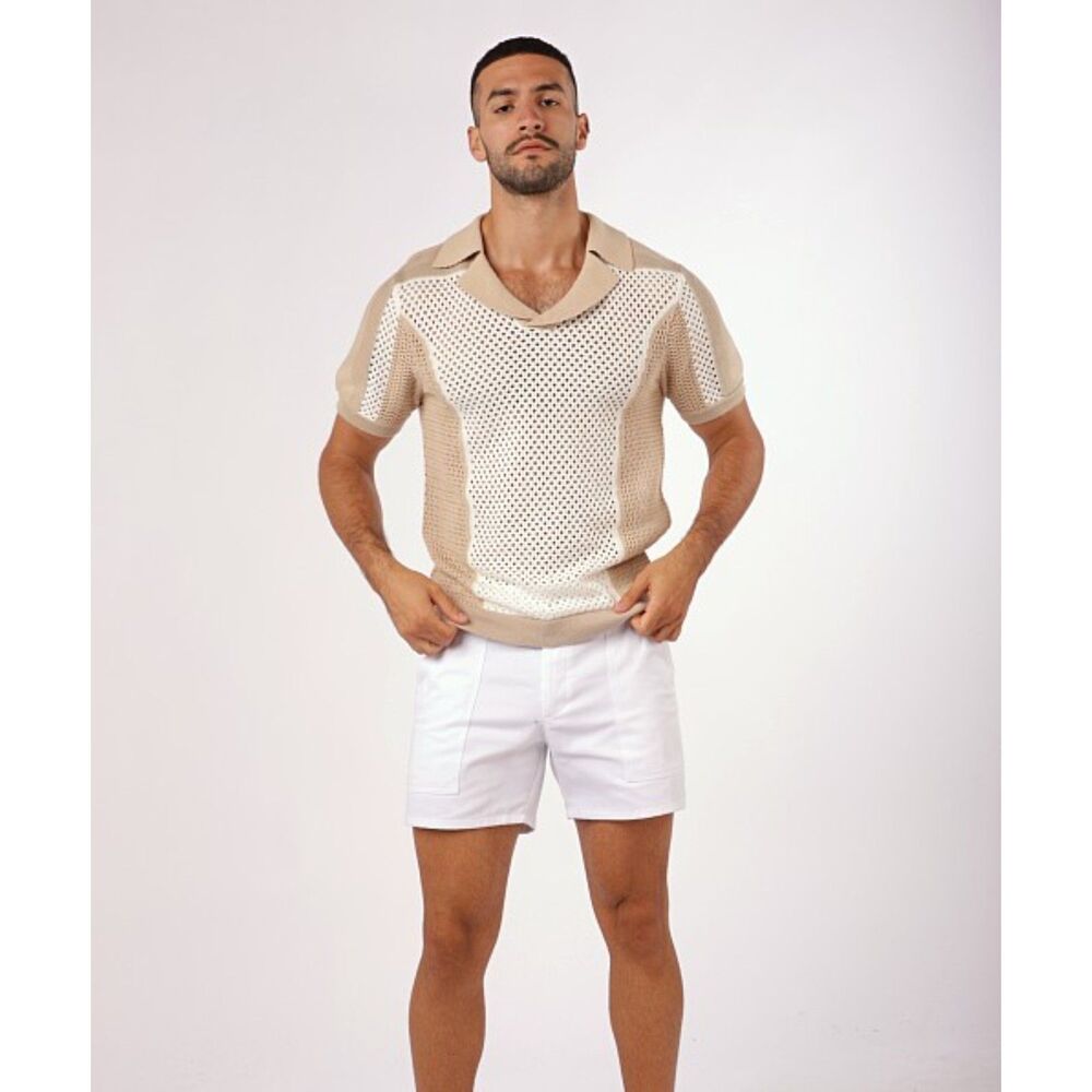 2EROS Open Mesh Knit Polo Shirt Beige White Cotton Resort Beach Vacation Mens S